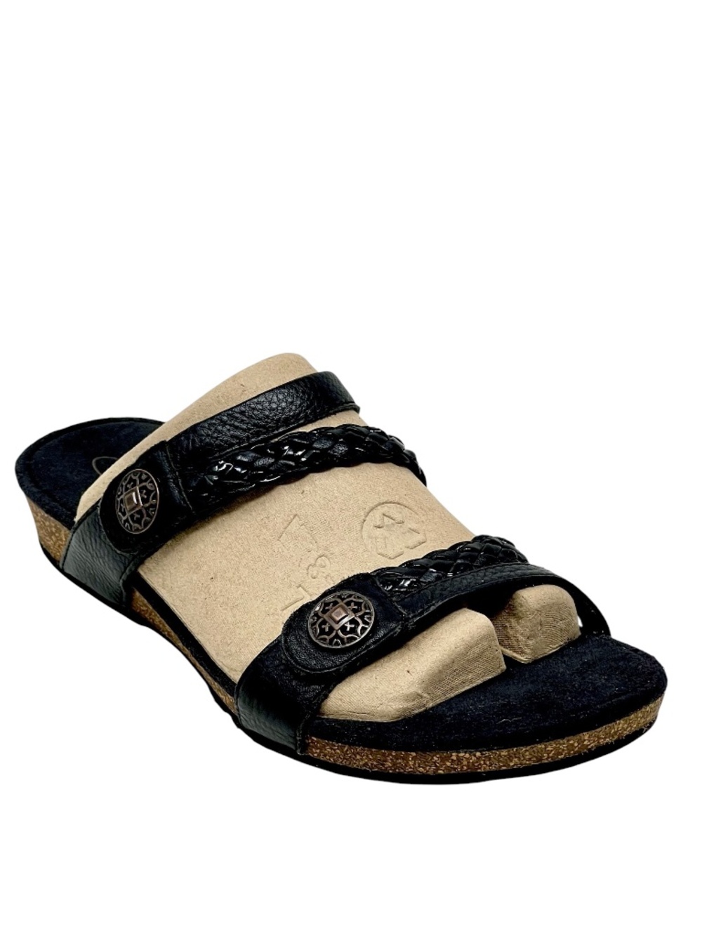 Women's Aetrex Janey Braided Slide Black Leather Slip On Sandal  size 8